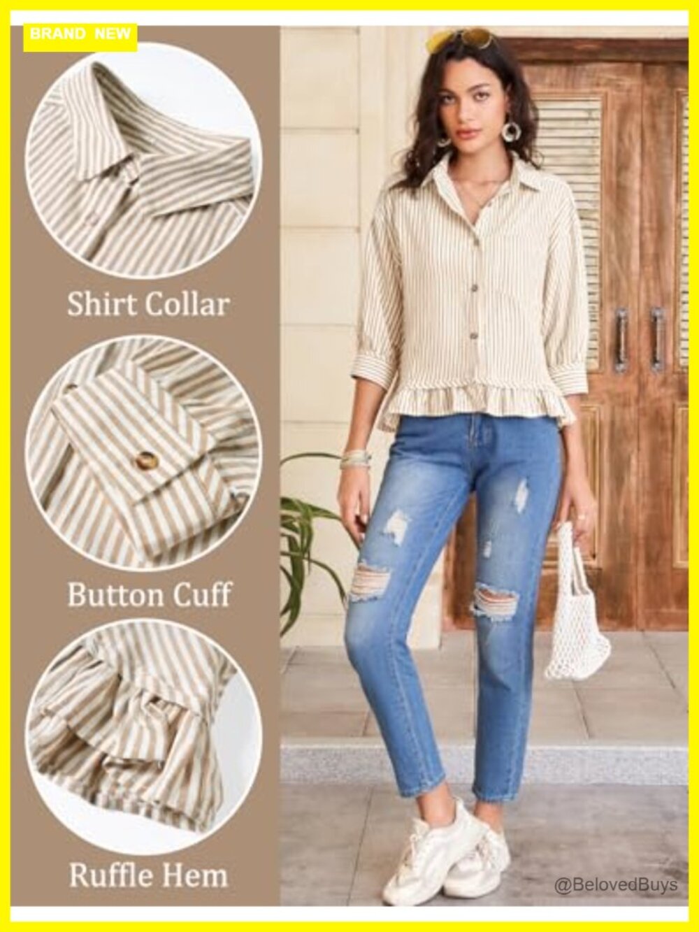 Womens 100% Cotton Cropped Button Down Shirt 3/4 Sleeve Ruffled Blouse - Picture 5 of 6